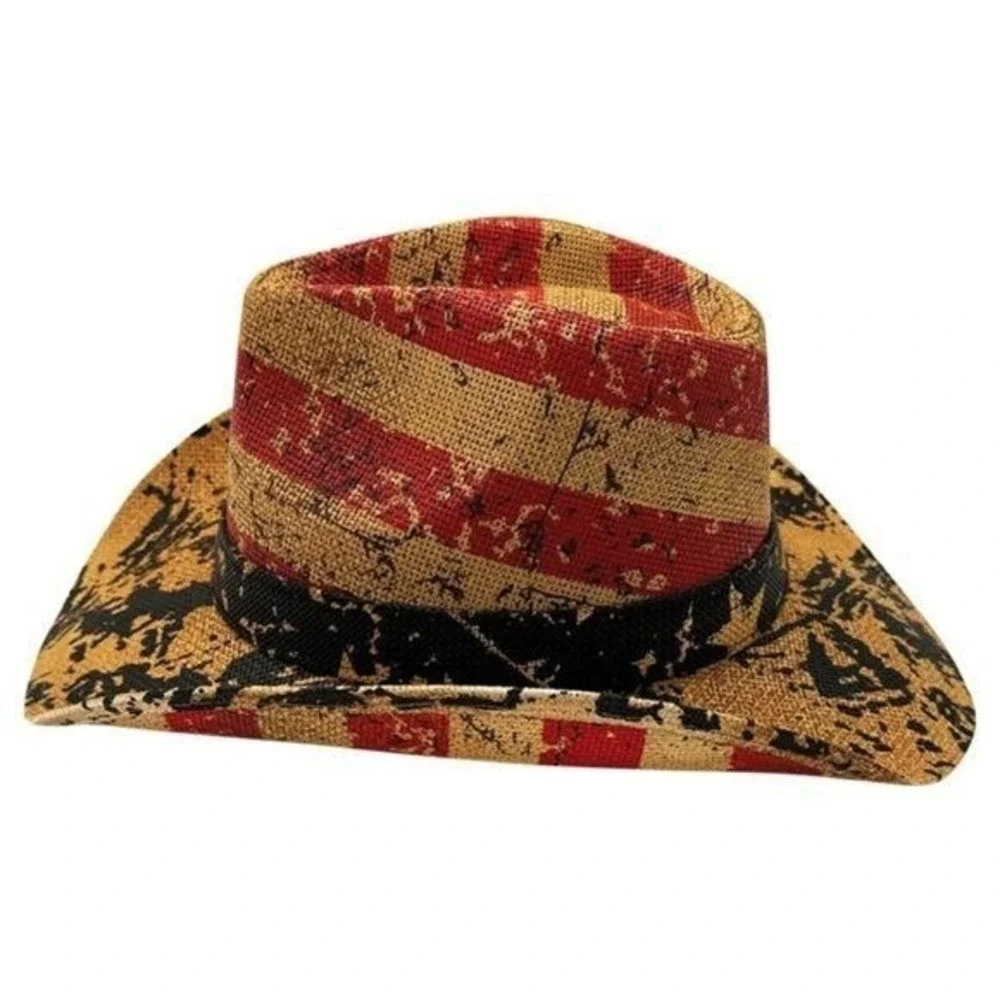 Tea Stained Paper Straw American Flag Fashion Cowboy Hat Vintage Look OS NWT
